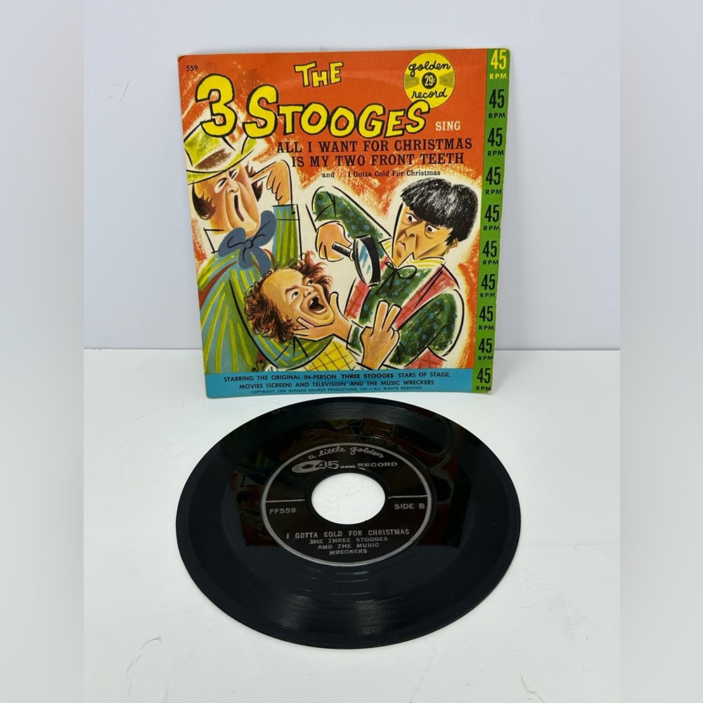1959 THE 3 STOOGES 45 rpm Golden Record all I want for Christmas two front teeth